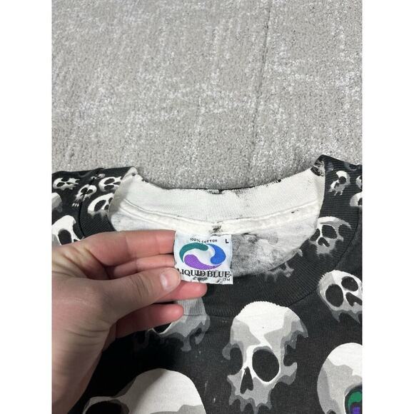Vintage 1992 Liquid Blue All Over Print Skull T Shirt Single Stitch Mens Large - Picture 3 of 7